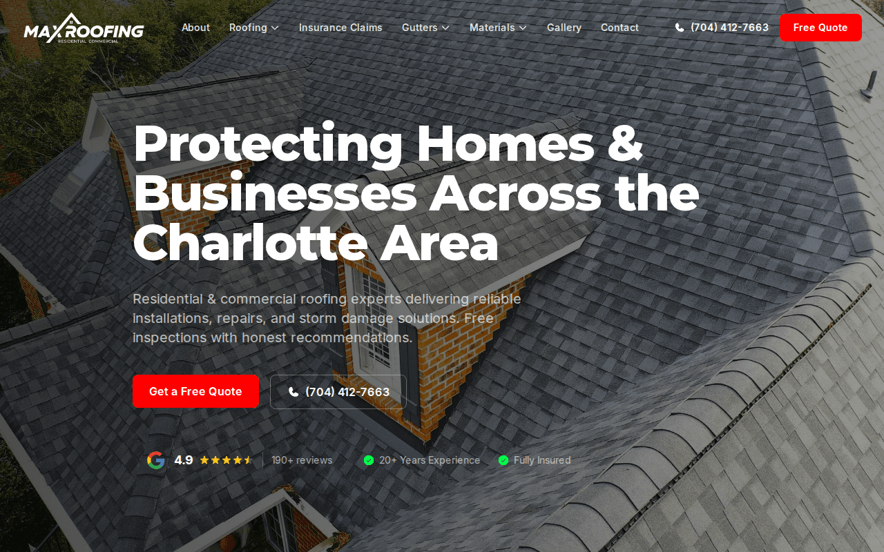 Max Roofing NC website screenshot